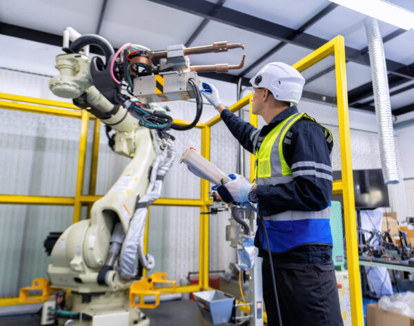 Engineer service robot welding in factory software programming operation test and commissioning