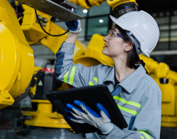 Engineers woman use tablet to check condition robotic arm. female technician industrial checking robotic arm machine. futuristic industry production manufacturing.