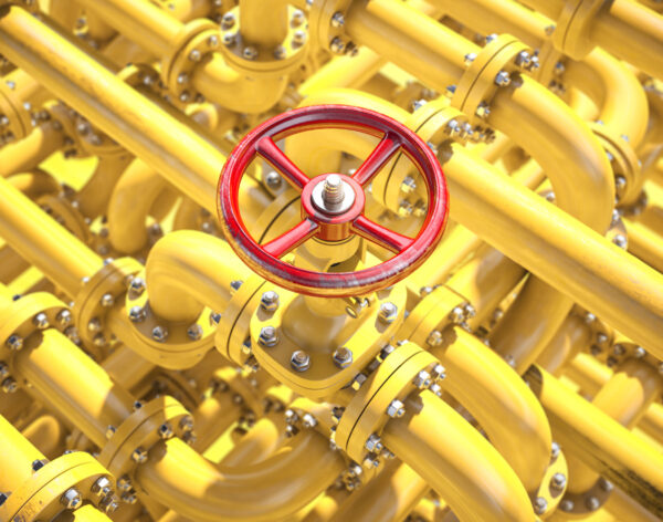 Oil or gas pipe line valve. Oil and gas control, extraction, production and transportation industrial background. 3d illustration