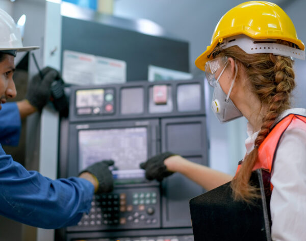 Factory worker woman with mask point to the monitor of machine with engineer man also discuss together in workplace. Concept of good management system for industrial business.