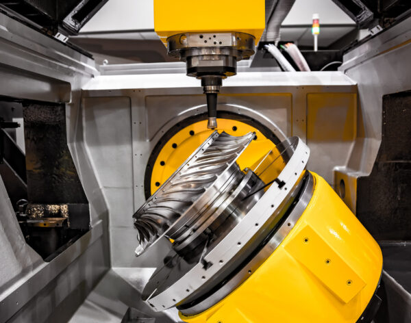 Metalworking CNC milling machine. Cutting metal modern processing technology. Small depth of field. Warning - authentic shooting in challenging conditions. A little bit grain and maybe blurred.